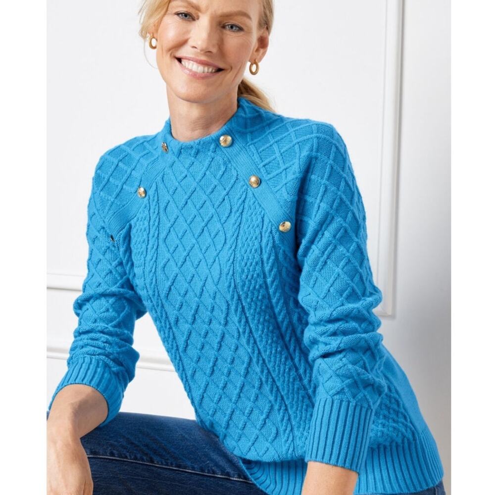 Talbots Plus Blue Mock Neck Cable Knit Sweater 3x - image 1